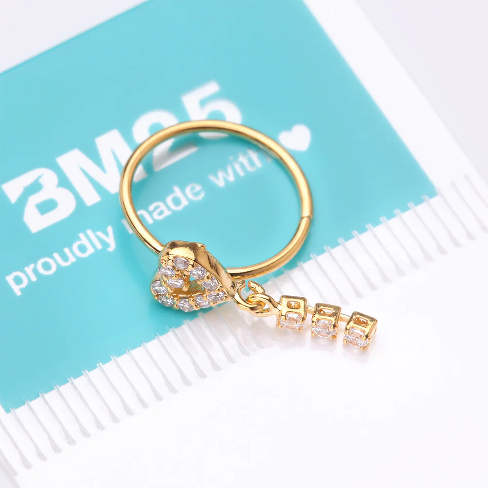 Golden Sparkle Heart Loop Dangle Gem Drop Bendable Hoop Ring - Image 5