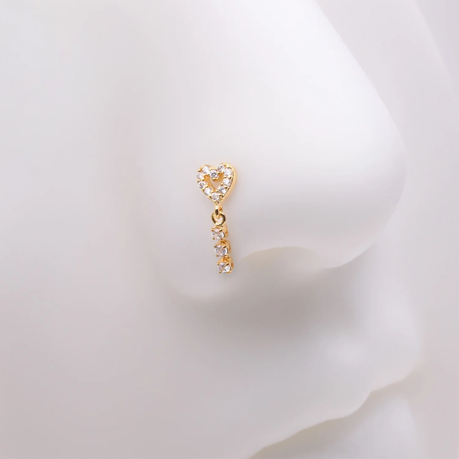Golden Sparkle Heart Loop Dangle Gem Drop Nose Stud Ring - Image 2