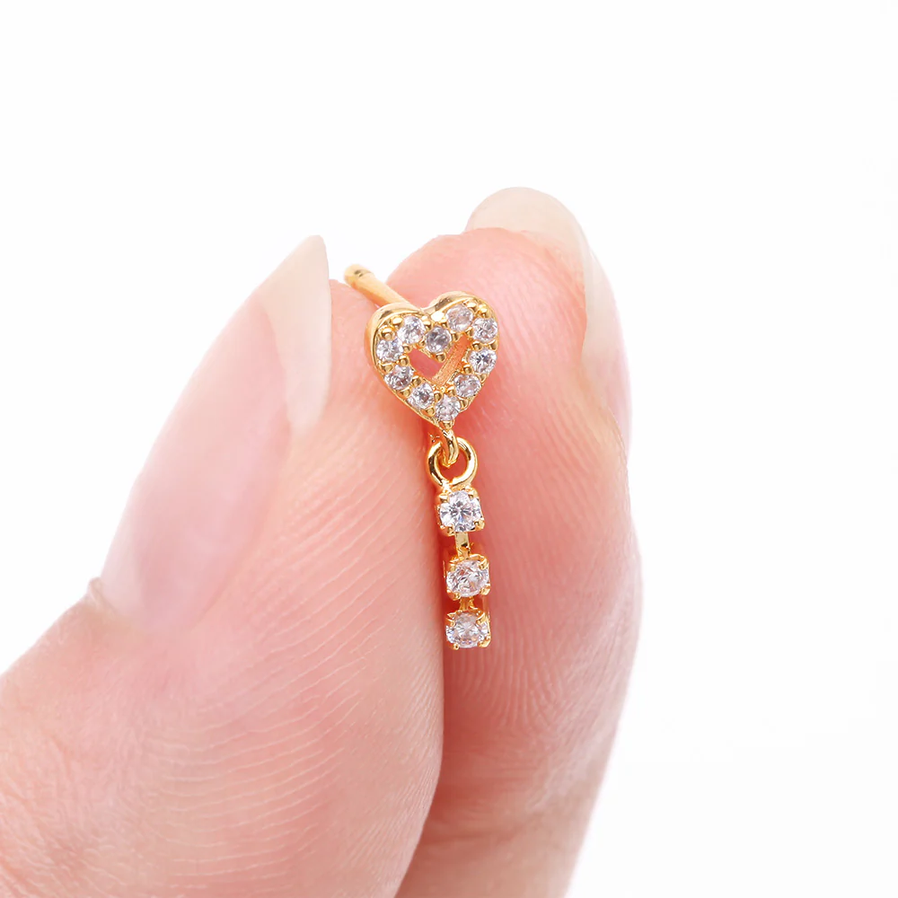 Golden Sparkle Heart Loop Dangle Gem Drop Nose Stud Ring - Image 3