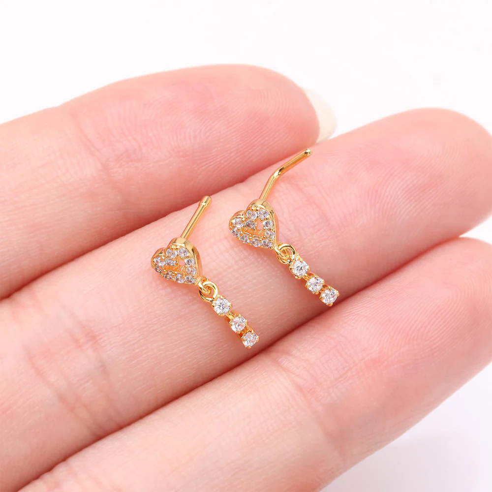 Golden Sparkle Heart Loop Dangle Gem Drop Nose Stud Ring - Image 4
