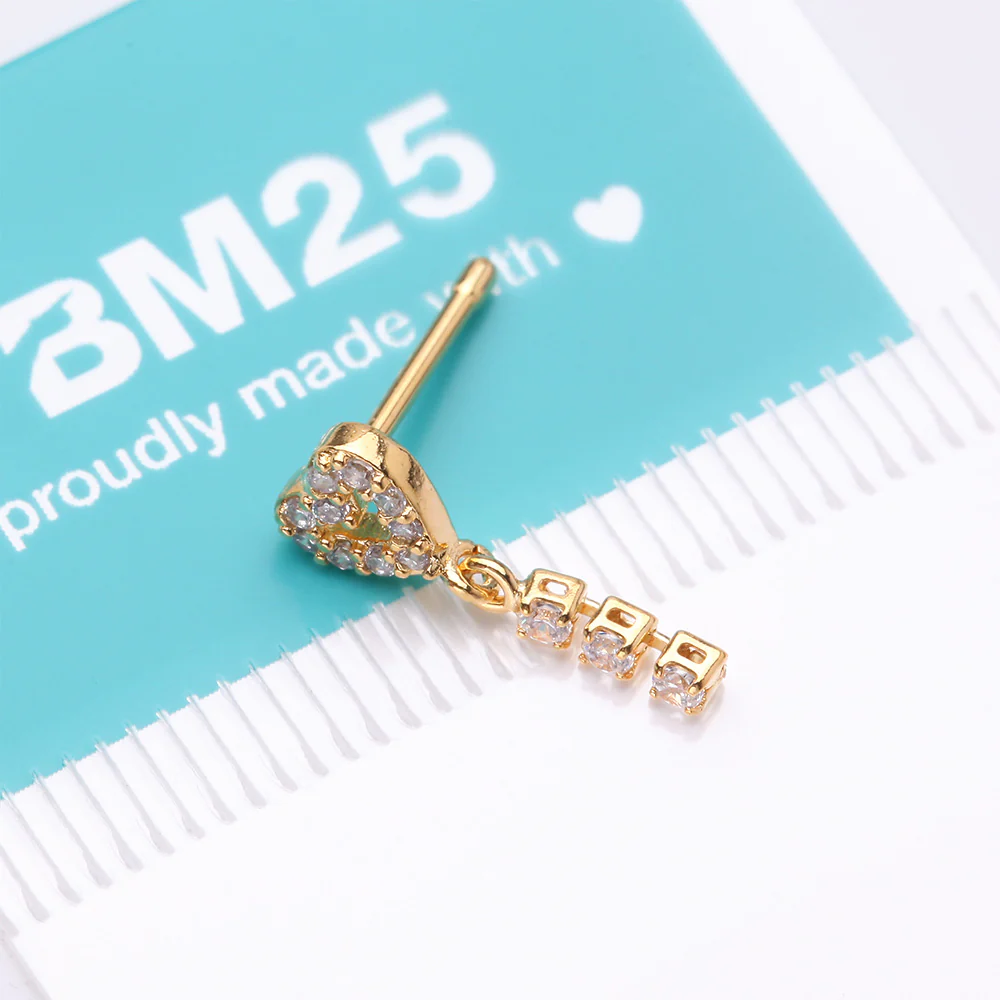 Golden Sparkle Heart Loop Dangle Gem Drop Nose Stud Ring - Image 5