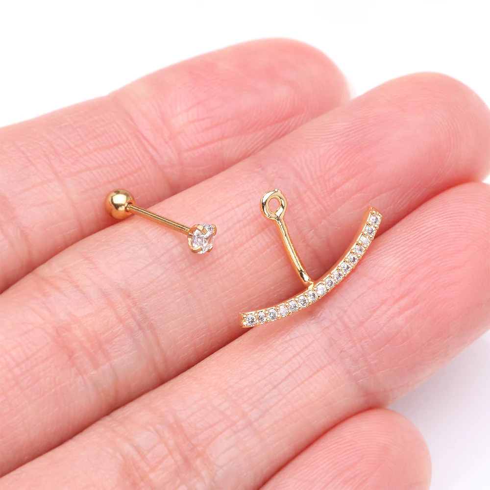 Golden Sparkle Journey Curve Ear Jacket Cartilage Barbell Earring - Image 4