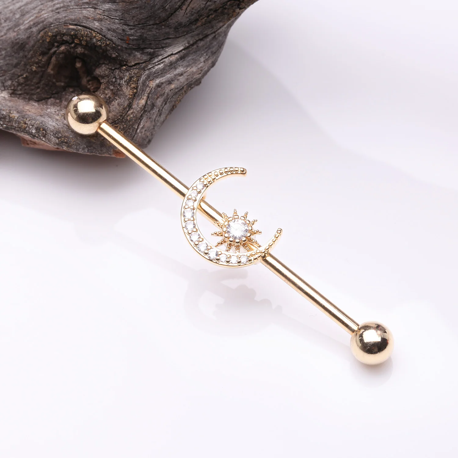 Golden Sparkle Moon and Starburst Industrial Barbell - Image 2