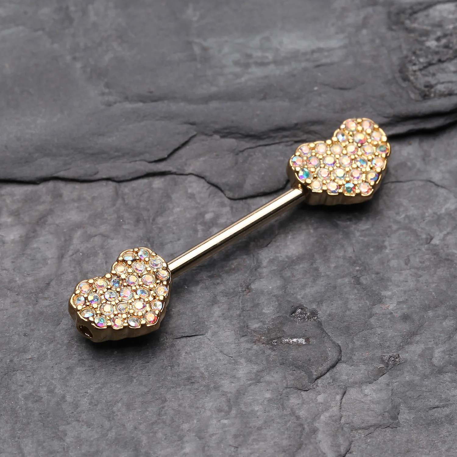 A Pair of Golden Sparkle Multi-Gem Heart Nipple Barbell Ring - Image 2