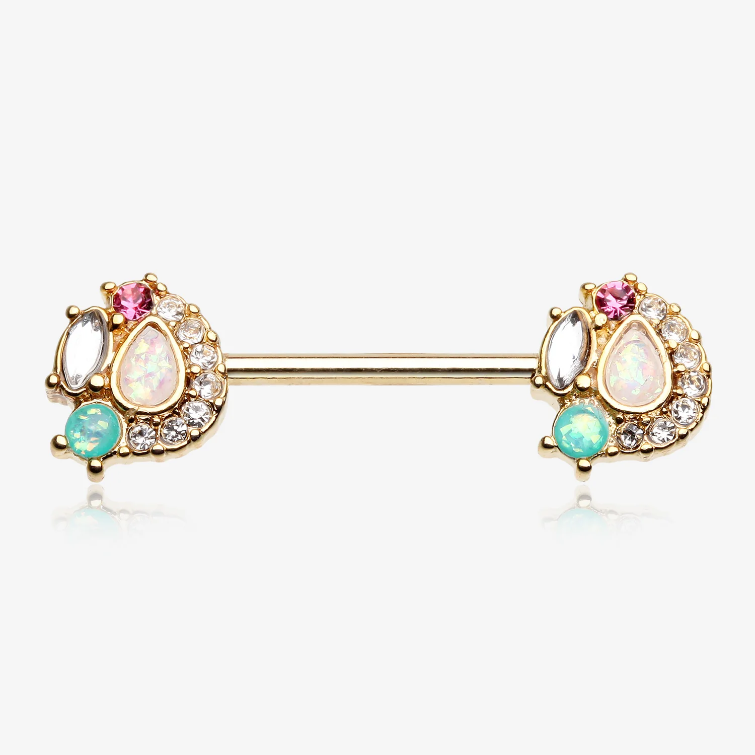 A Pair of Golden Sparkle Opal Medley Nipple Barbell Ring