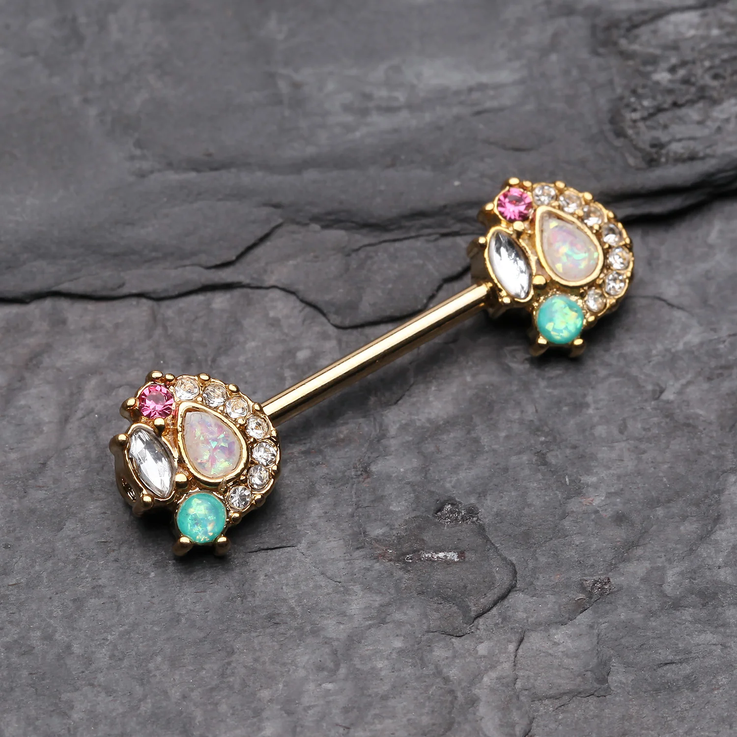 A Pair of Golden Sparkle Opal Medley Nipple Barbell Ring - Image 2