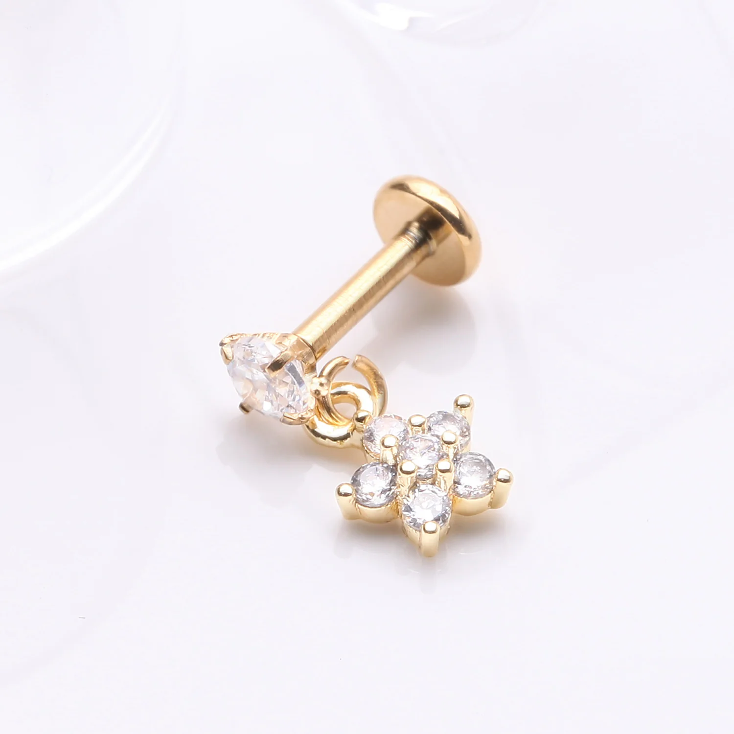 Golden Sparkle Spring Flower Dangle Internally Threaded Labret Flat Back Stud - Image 2