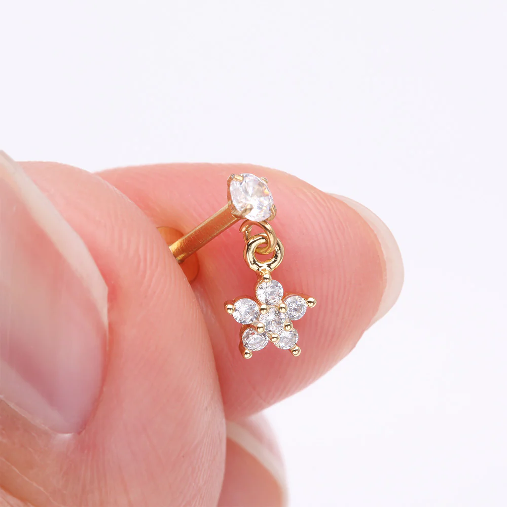 Golden Sparkle Spring Flower Dangle Internally Threaded Labret Flat Back Stud - Image 3