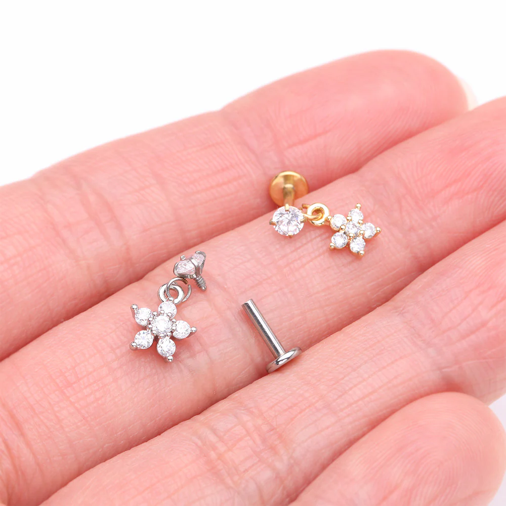 Golden Sparkle Spring Flower Dangle Internally Threaded Labret Flat Back Stud - Image 4