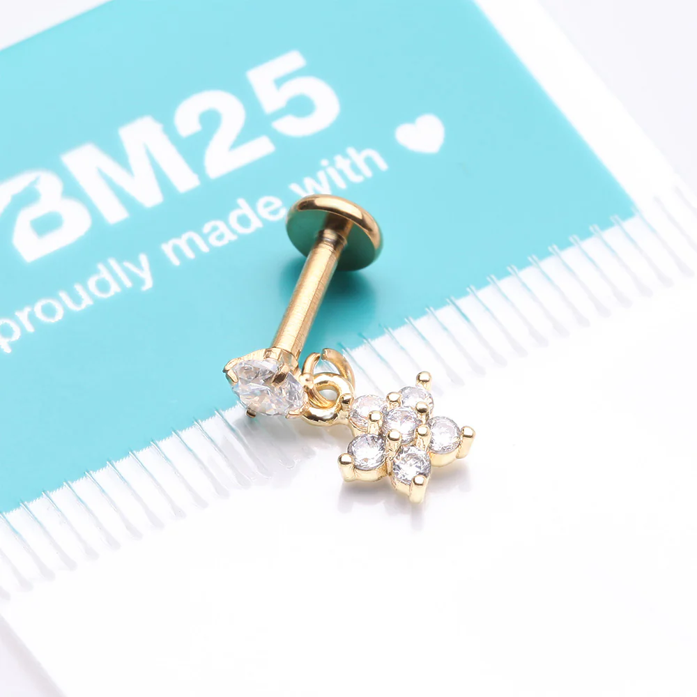 Golden Sparkle Spring Flower Dangle Internally Threaded Labret Flat Back Stud - Image 5