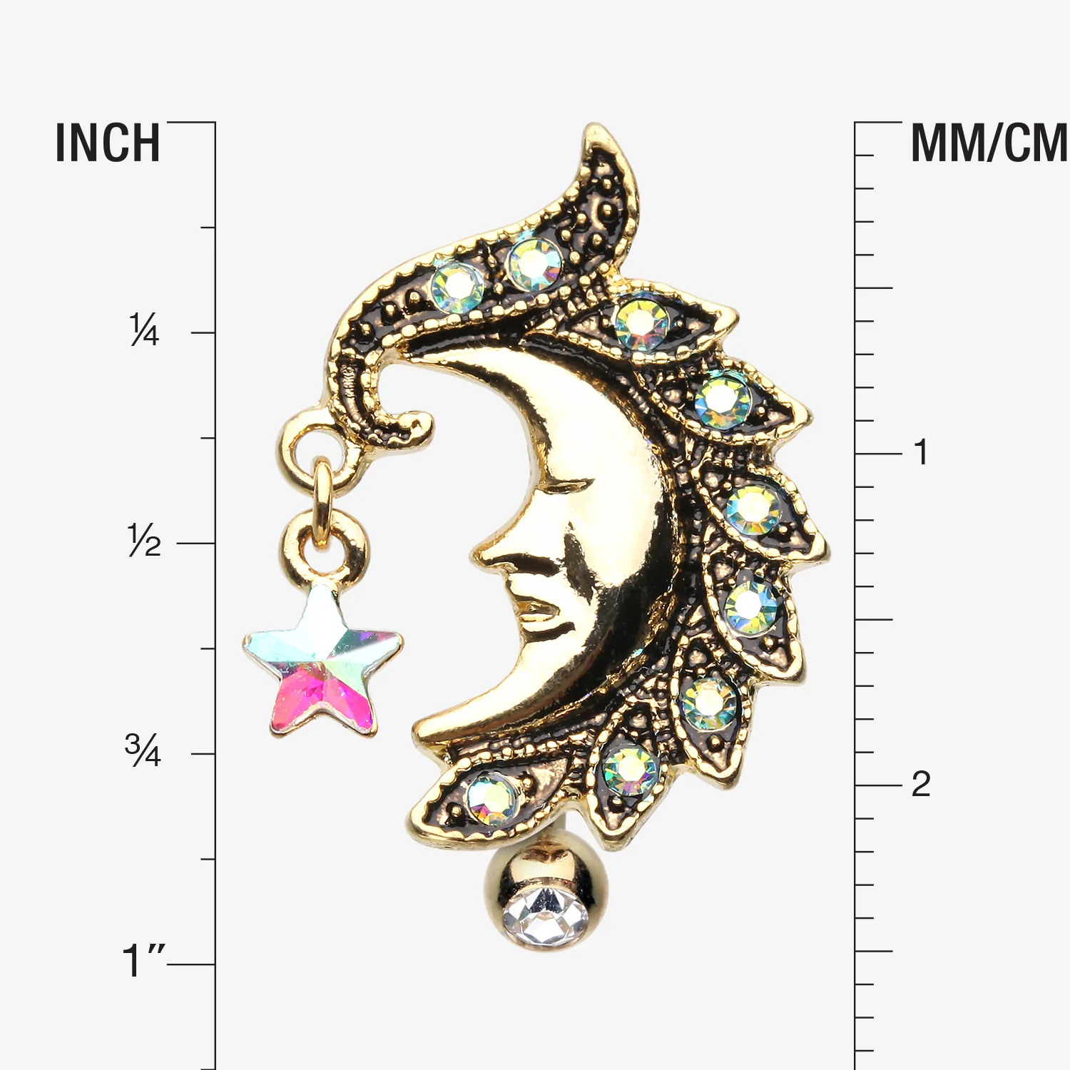 Golden Sparkle Star Crescent Moon Reverse Belly Button Ring - Image 2