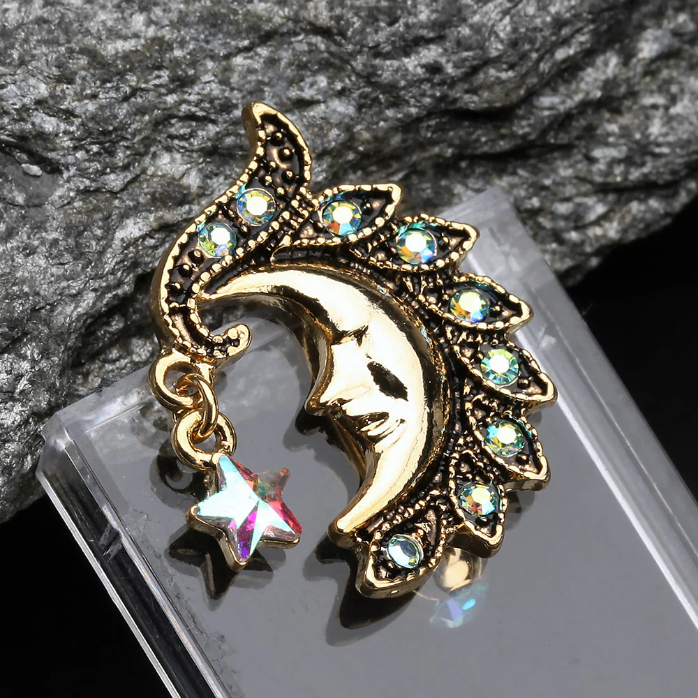Golden Sparkle Star Crescent Moon Reverse Belly Button Ring - Image 3