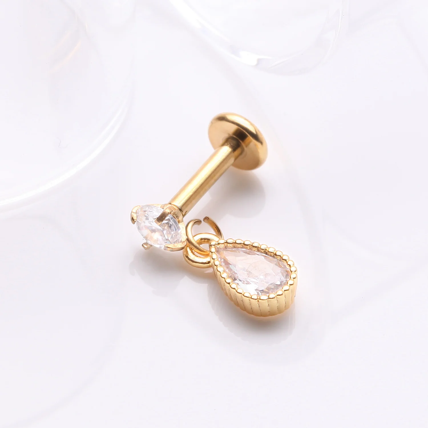 Golden Sparkle Teardrop Dangle Internally Threaded Labret Flat Back Stud - Image 2