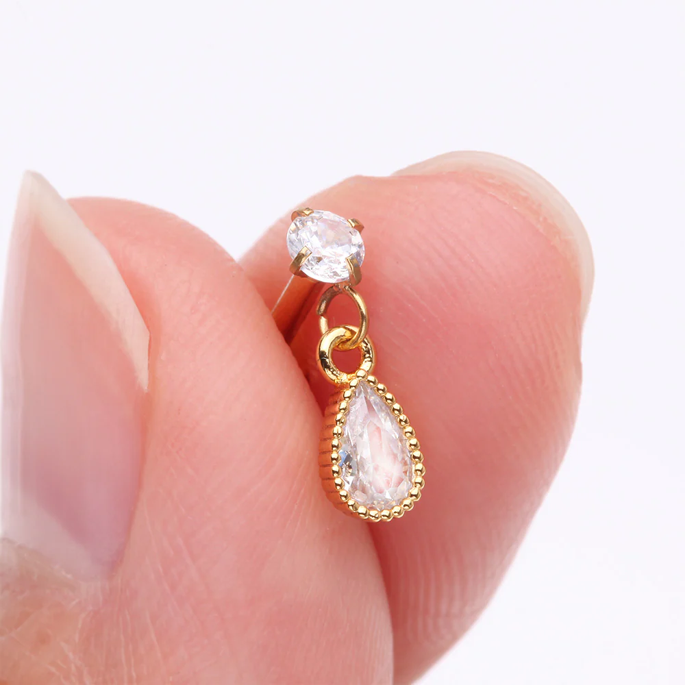 Golden Sparkle Teardrop Dangle Internally Threaded Labret Flat Back Stud - Image 3