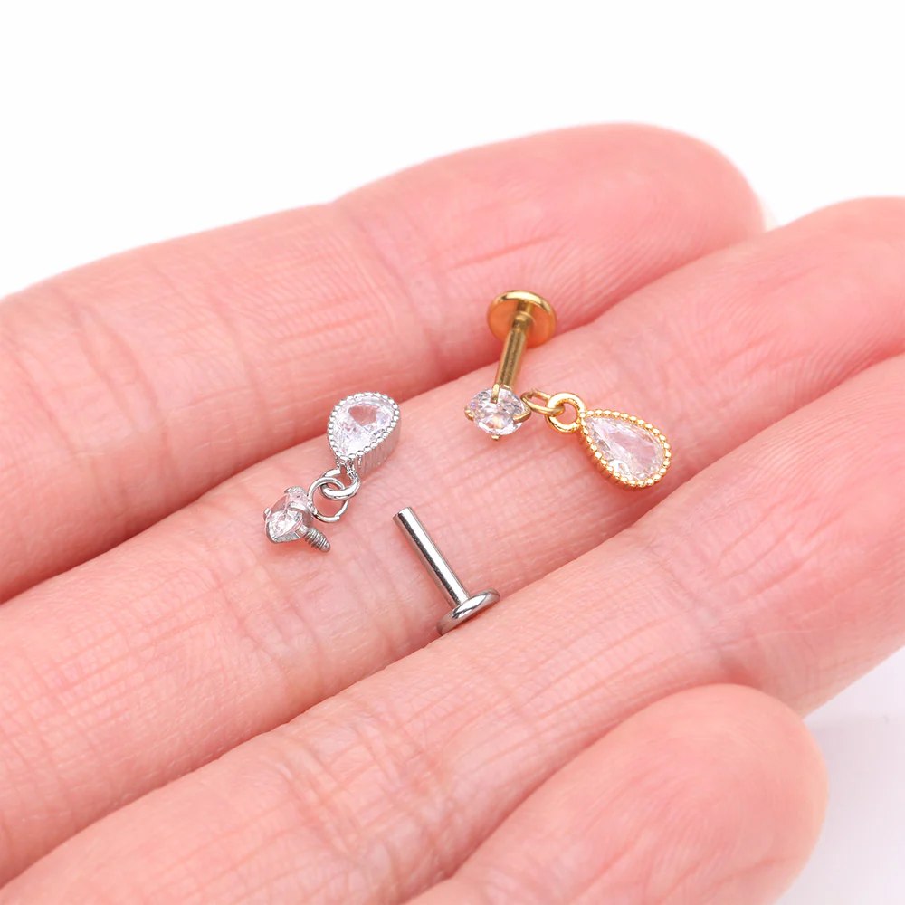 Golden Sparkle Teardrop Dangle Internally Threaded Labret Flat Back Stud - Image 4
