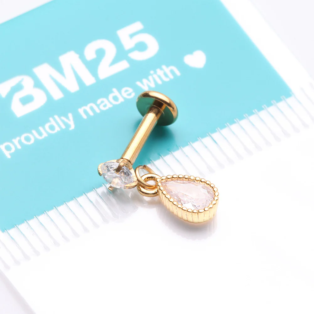Golden Sparkle Teardrop Dangle Internally Threaded Labret Flat Back Stud - Image 5