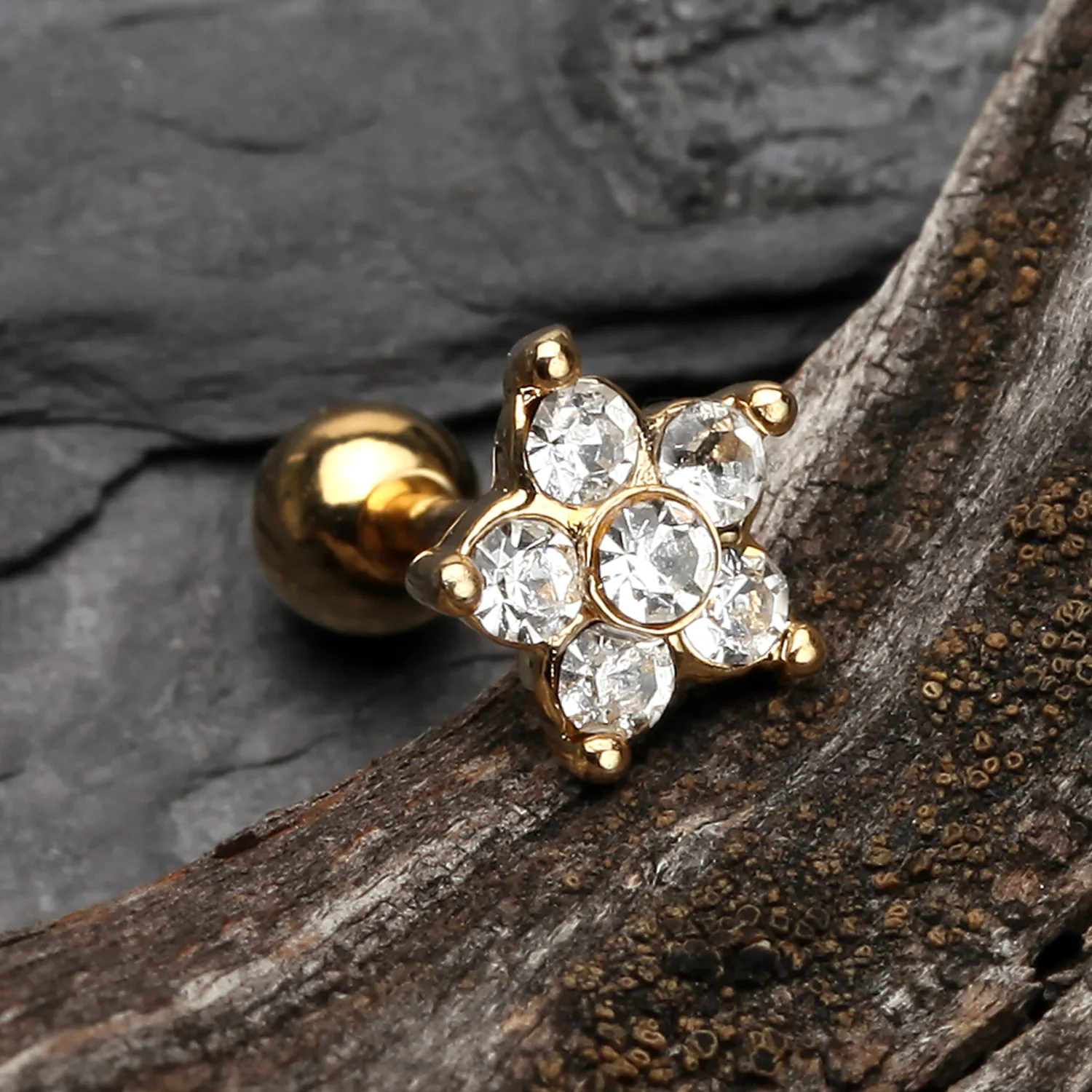 Golden Starburst Sparkle Flower Cartilage Tragus Earring - Image 2