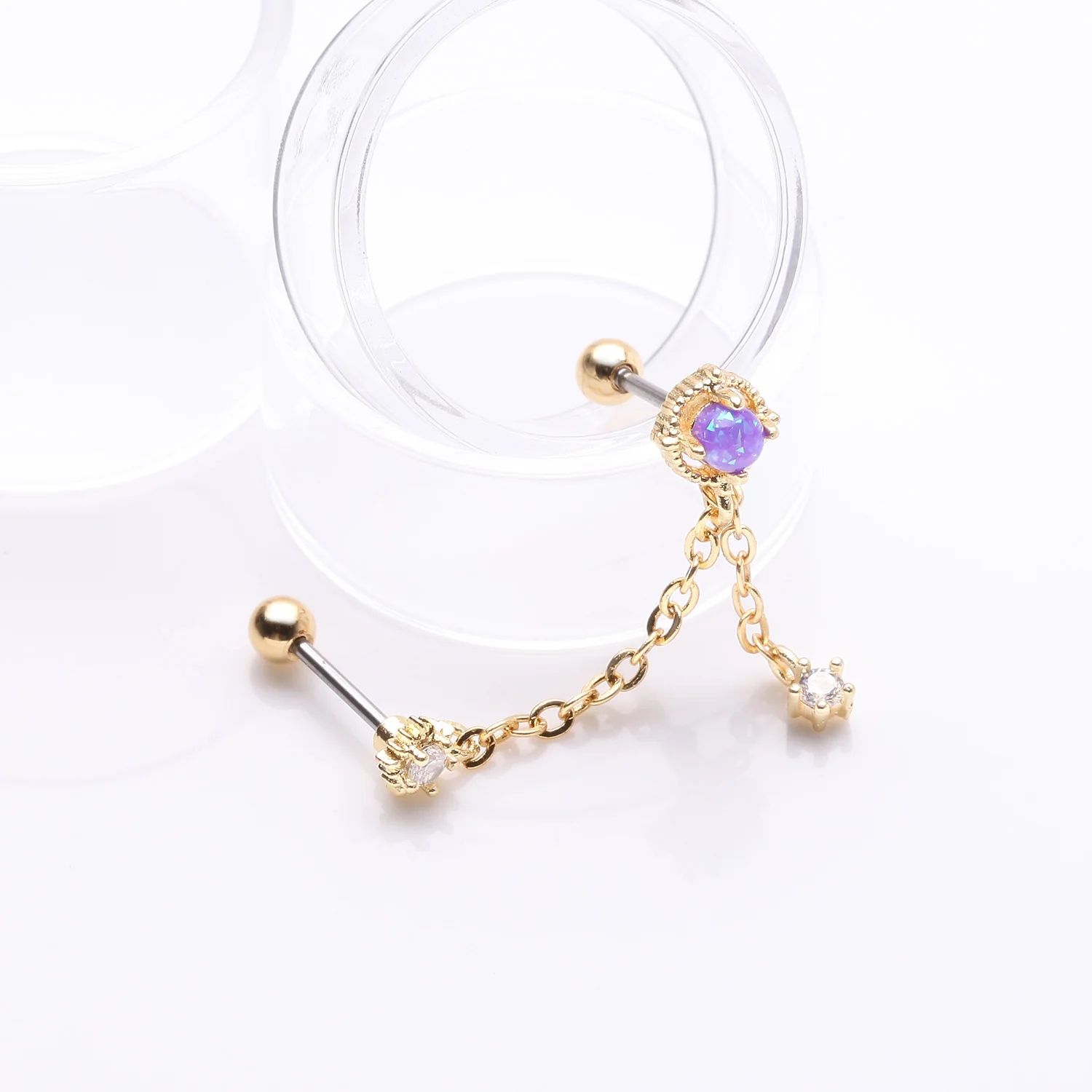 Golden Starburst Sparkle Opalescent Orbit Chained Cartilage Barbell Earring - Image 2