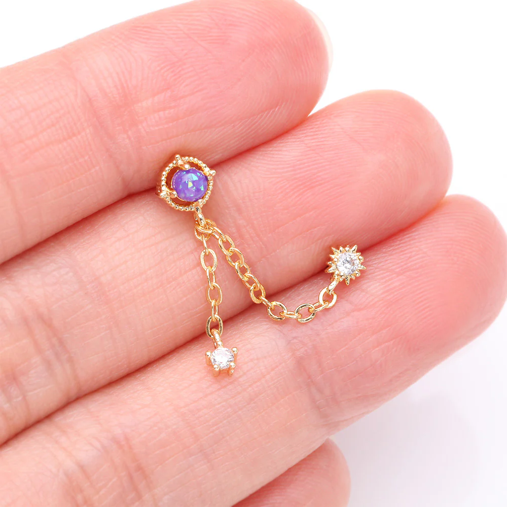 Golden Starburst Sparkle Opalescent Orbit Chained Cartilage Barbell Earring - Image 3