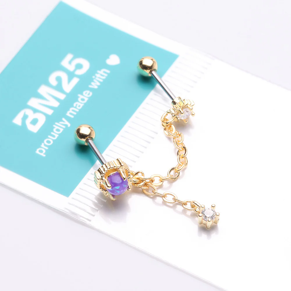 Golden Starburst Sparkle Opalescent Orbit Chained Cartilage Barbell Earring - Image 4