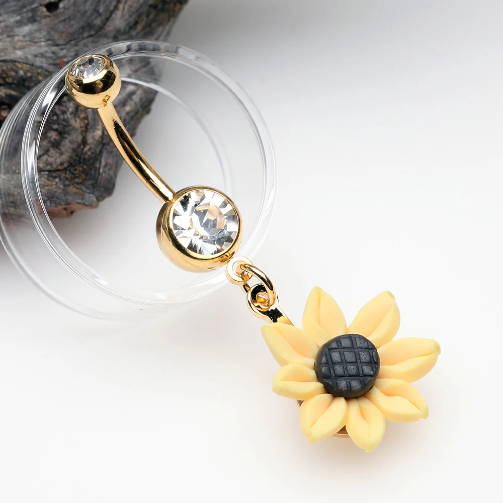 Golden Sunflower Blossom Belly Button Ring - Image 3