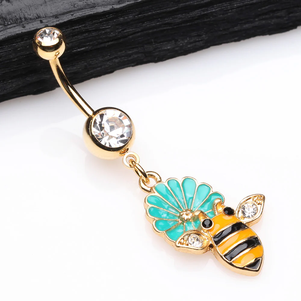 Golden Sweet Daisy Bumble Bee Sparkle Belly Button Ring - Image 3