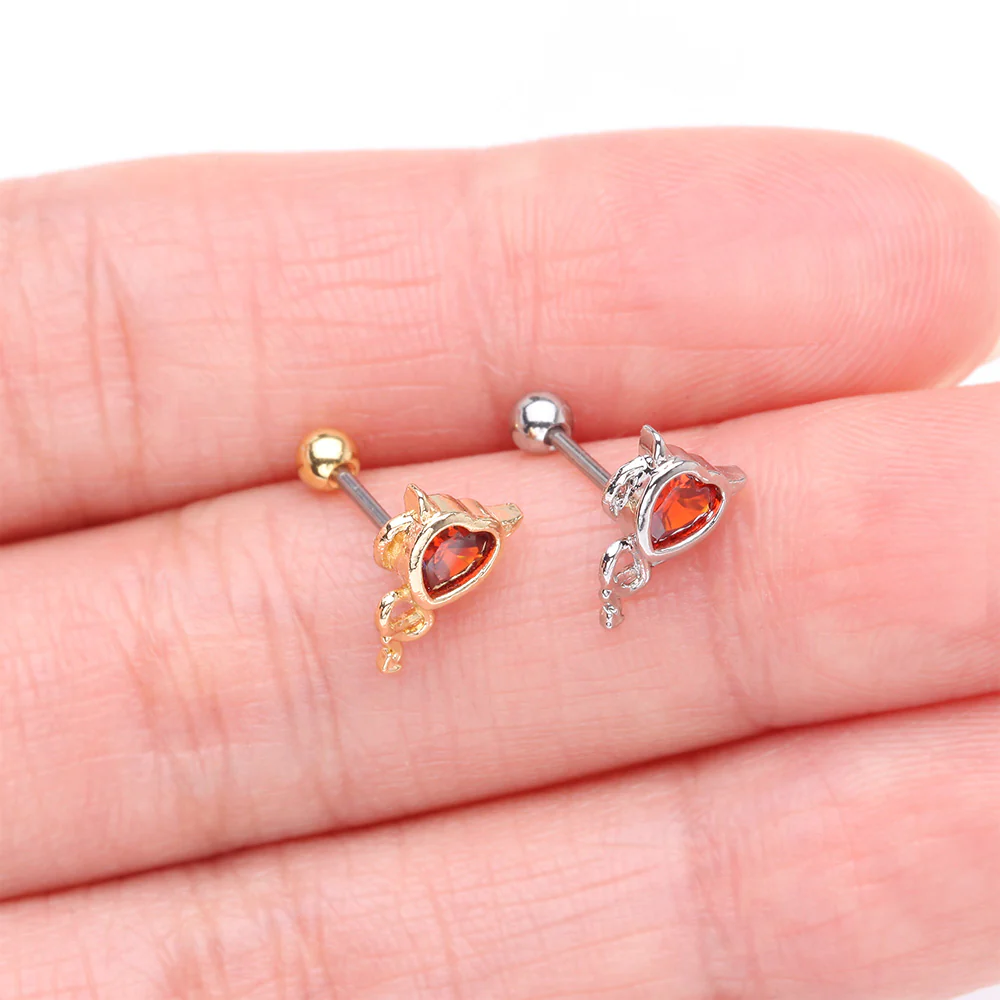 Golden Tailed Devil's Heart Sparkle Cartilage Barbell Earring - Image 4
