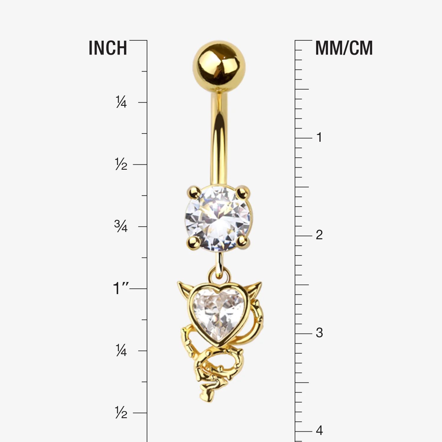 Golden Tailed Devil's Heart Sparkle Dangle Belly Button Ring - Image 2