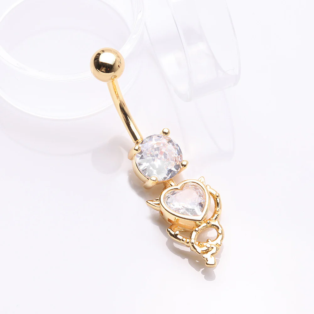 Golden Tailed Devil's Heart Sparkle Dangle Belly Button Ring - Image 3