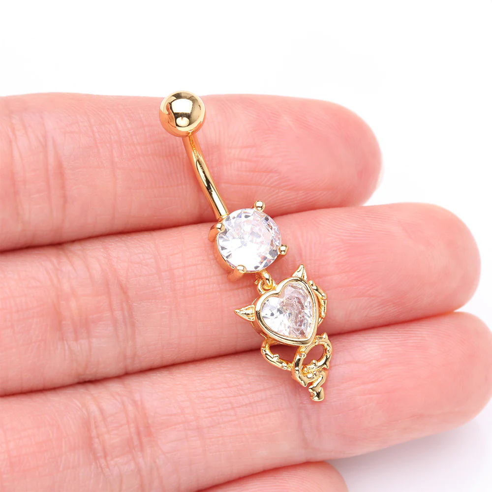 Golden Tailed Devil's Heart Sparkle Dangle Belly Button Ring - Image 4