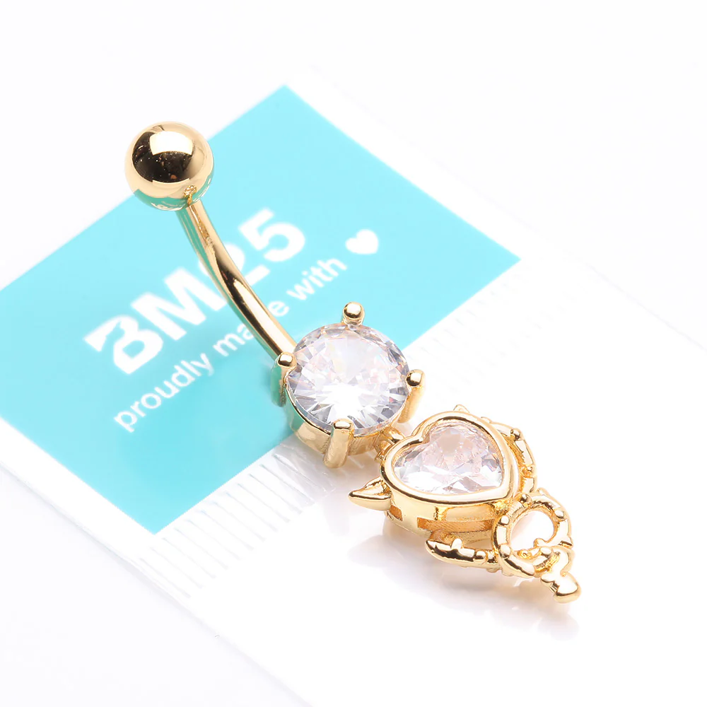 Golden Tailed Devil's Heart Sparkle Dangle Belly Button Ring - Image 5