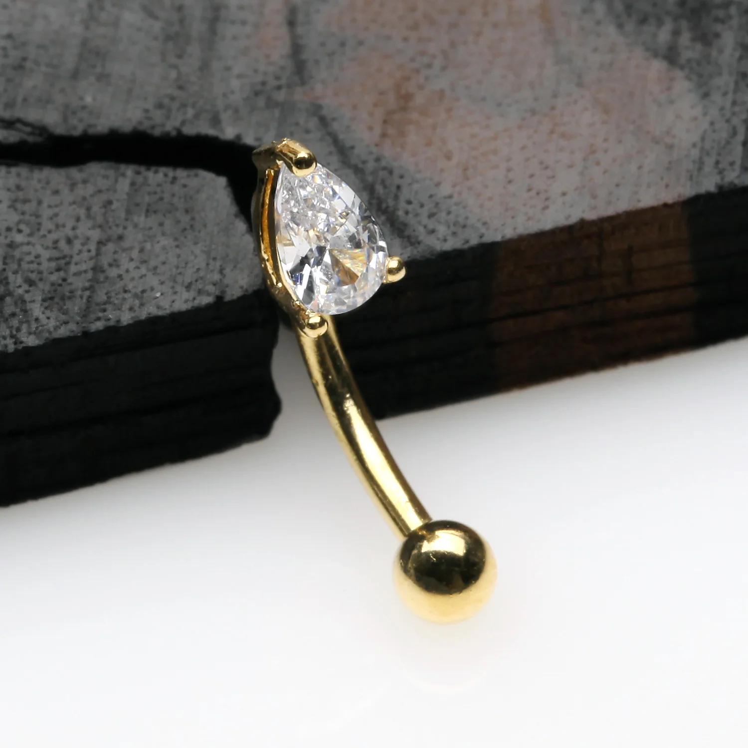Golden Teardrop Gem Sparkle Prong Set Curved Barbell - Image 2