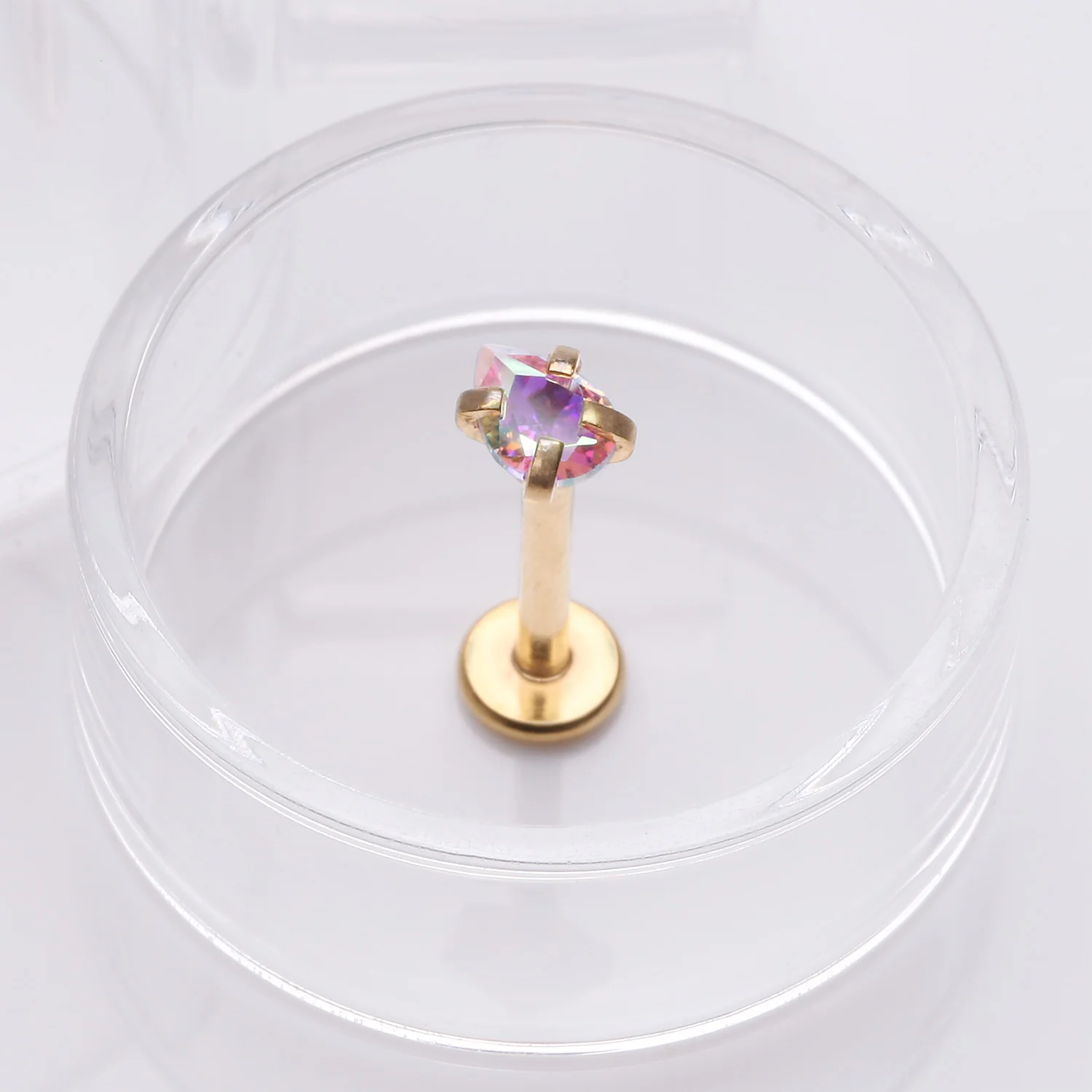 Golden Teardrop Prong Set Sparkle Top Internally Threaded Labret Flat Back Stud - Image 2