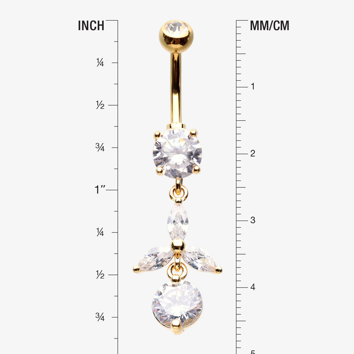 Golden Tri-Marquise Floral Leaf Sparkles Belly Button Ring - Image 2