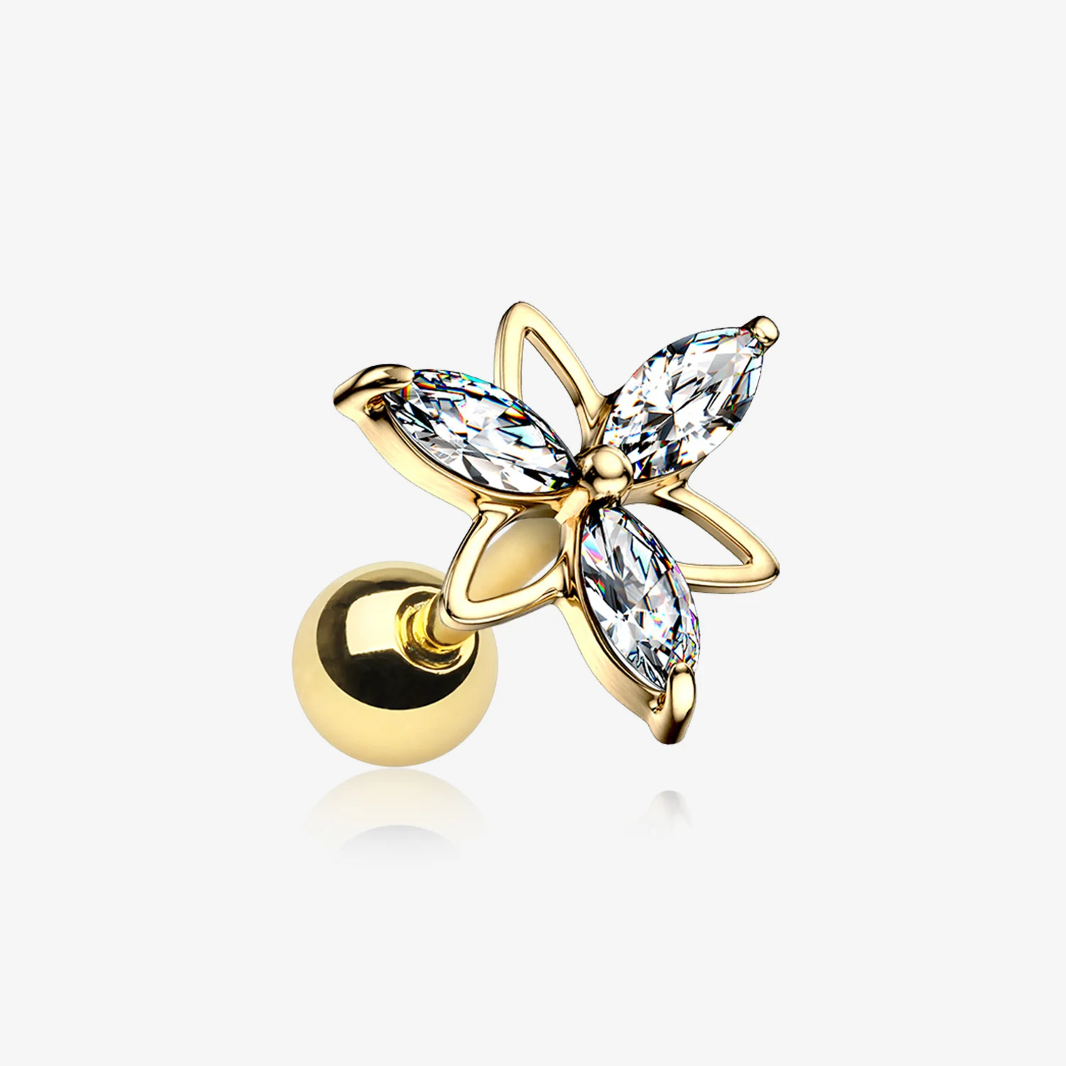 Golden Tri-Marquise Floral Sparkle Cartilage Tragus Barbell Earring