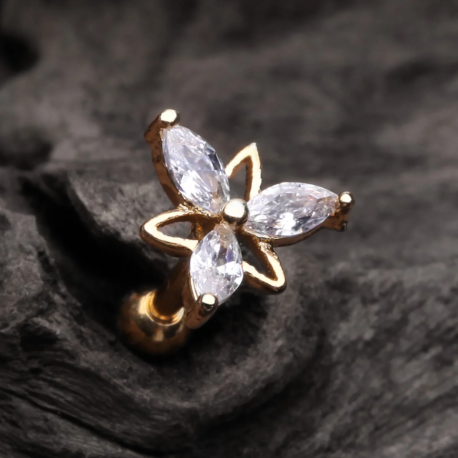 Golden Tri-Marquise Floral Sparkle Cartilage Tragus Barbell Earring - Image 2