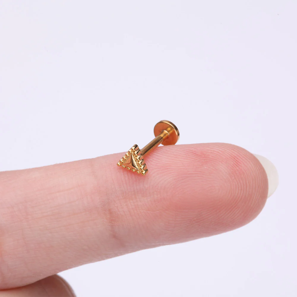 Golden Triangle Beveled Beaded Edge Top Internally Threaded Steel Flat Back Stud Labret - Image 3