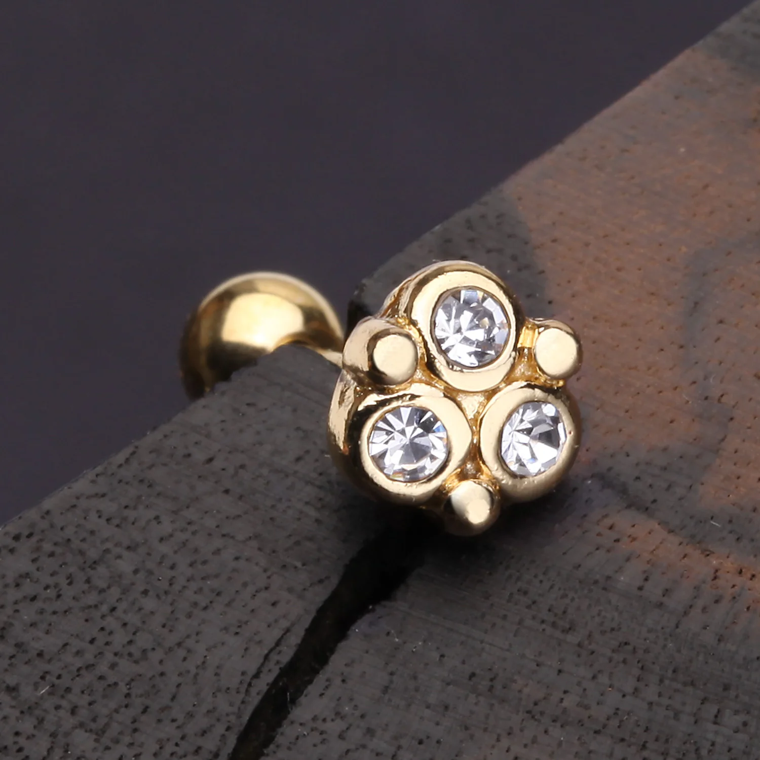 Golden Trinity Sparkle Cartilage Tragus Stud Earring - Image 2