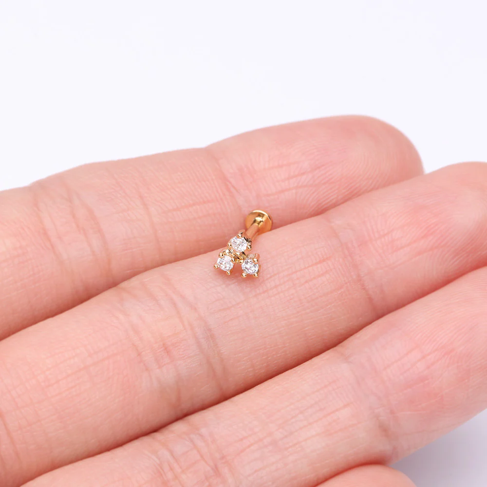 Golden Trinity Sparkle Prong Set Top Internally Threaded Steel Flat Back Stud Labret - Image 3