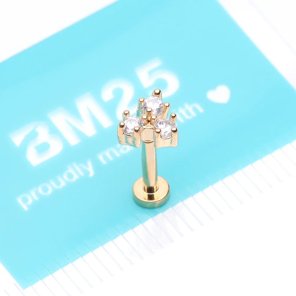 Golden Trinity Sparkle Prong Set Top Internally Threaded Steel Flat Back Stud Labret - Image 4