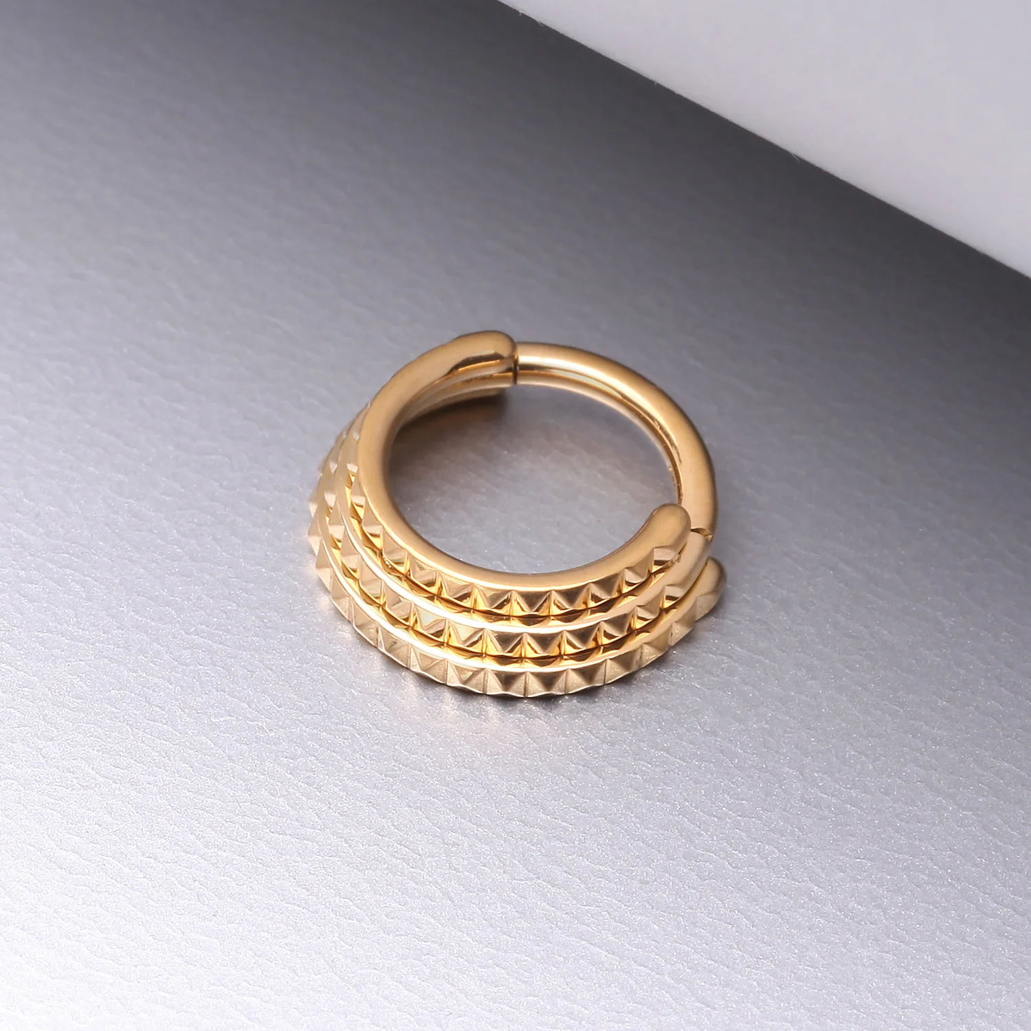 Golden Triple Stacked Pyramid Studded Geometric Seamless Clicker Hoop Ring - Image 2