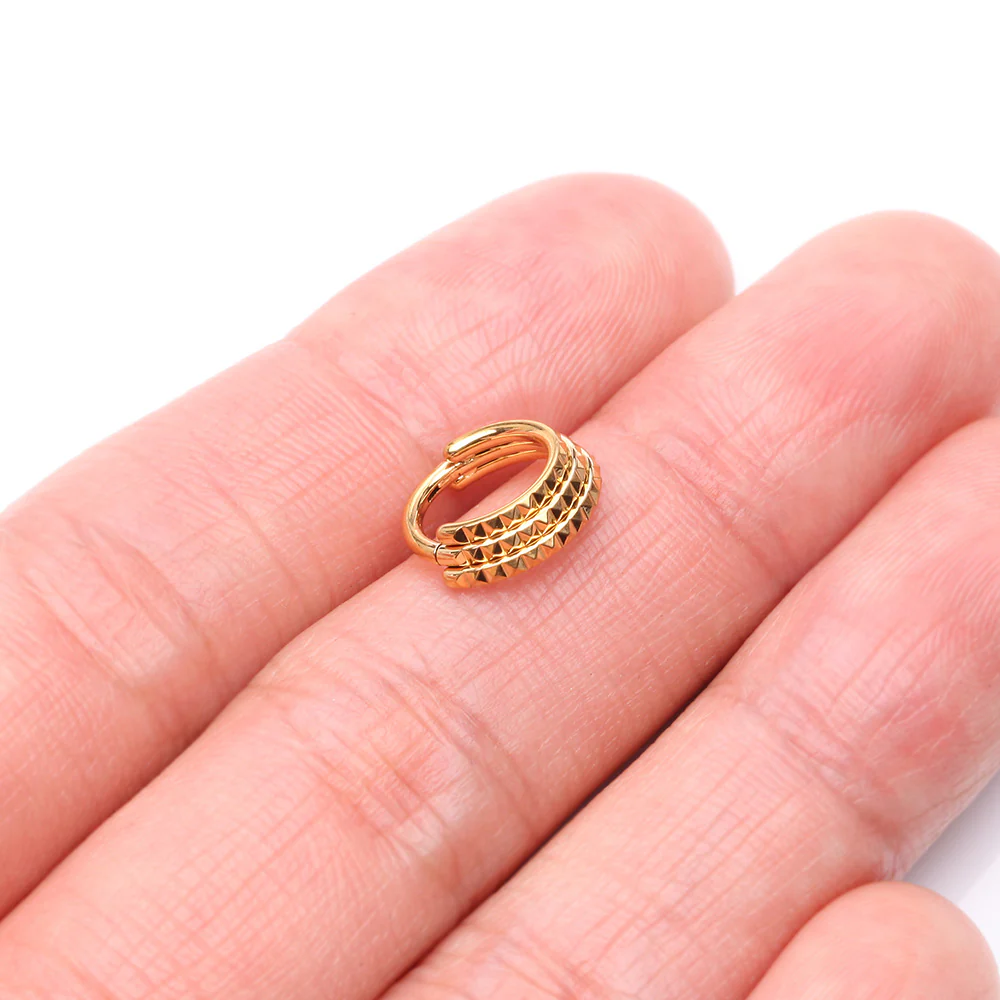 Golden Triple Stacked Pyramid Studded Geometric Seamless Clicker Hoop Ring - Image 3