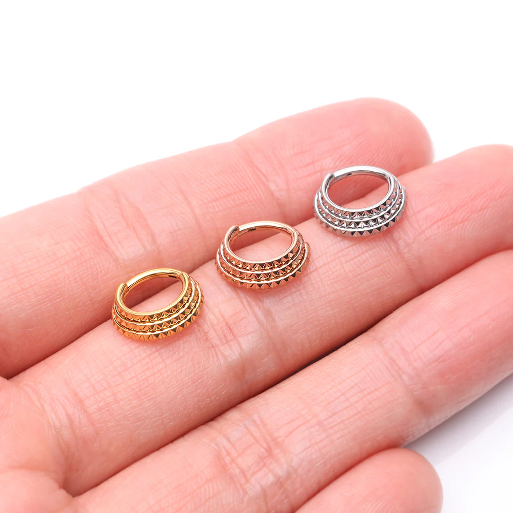 Golden Triple Stacked Pyramid Studded Geometric Seamless Clicker Hoop Ring - Image 4