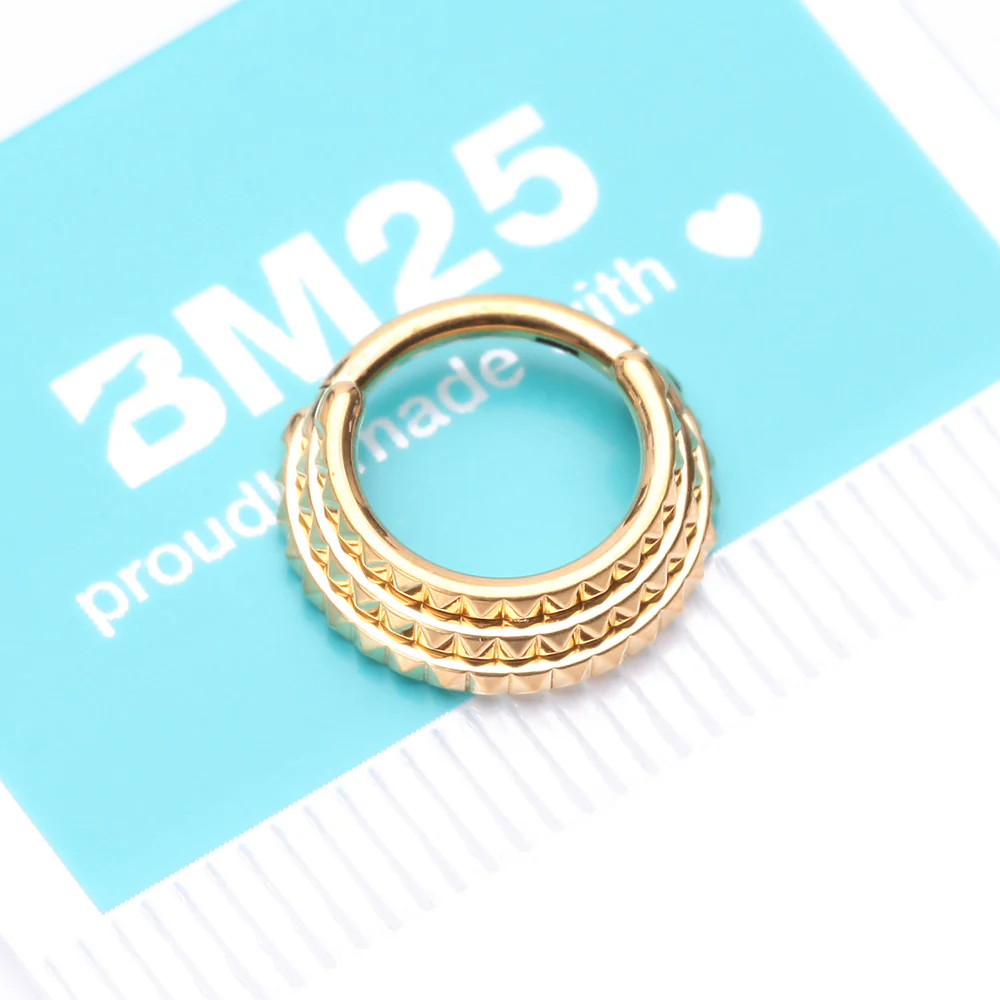 Golden Triple Stacked Pyramid Studded Geometric Seamless Clicker Hoop Ring - Image 5