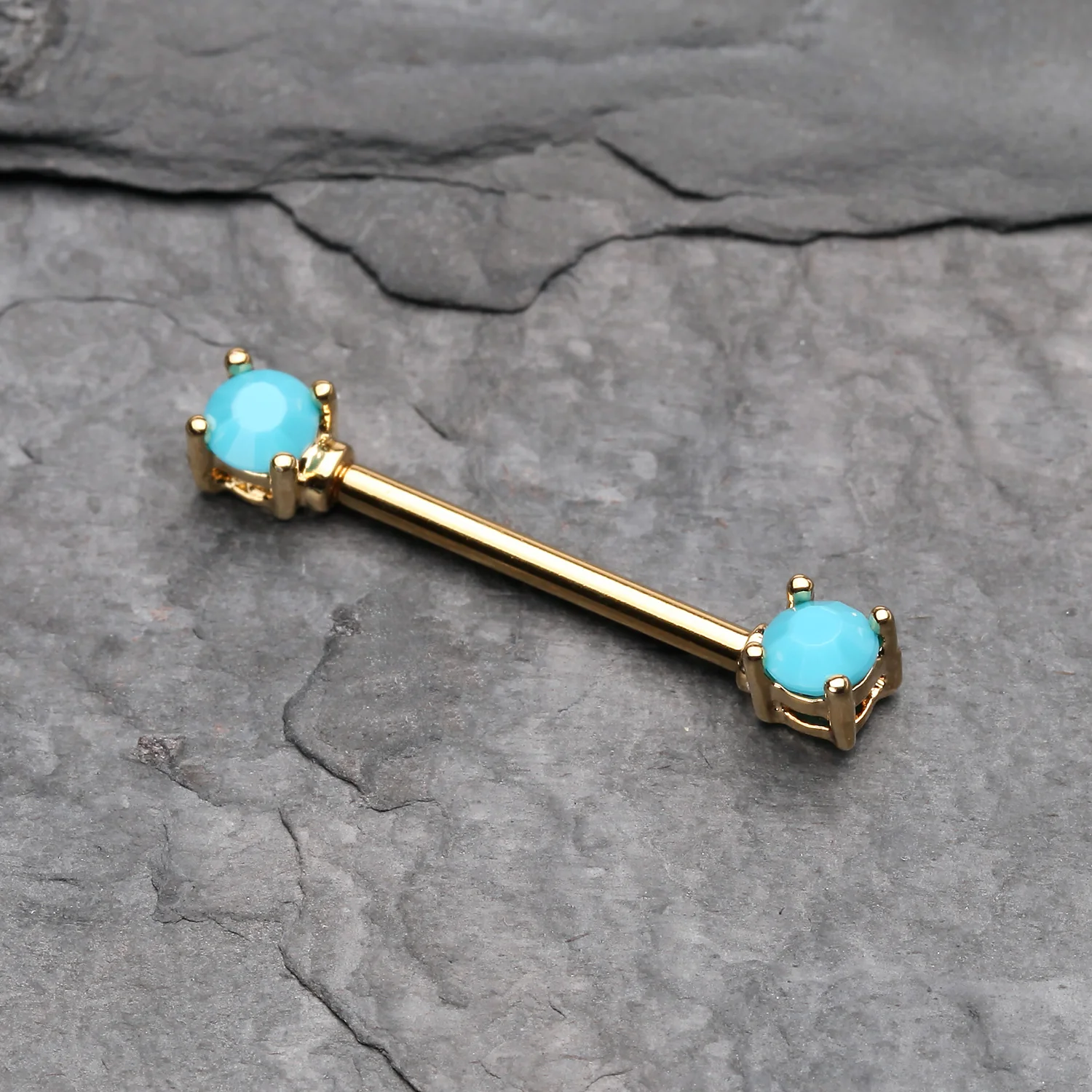 A Pair of Golden Turquoise Bead Prong Nipple Barbell - Image 2