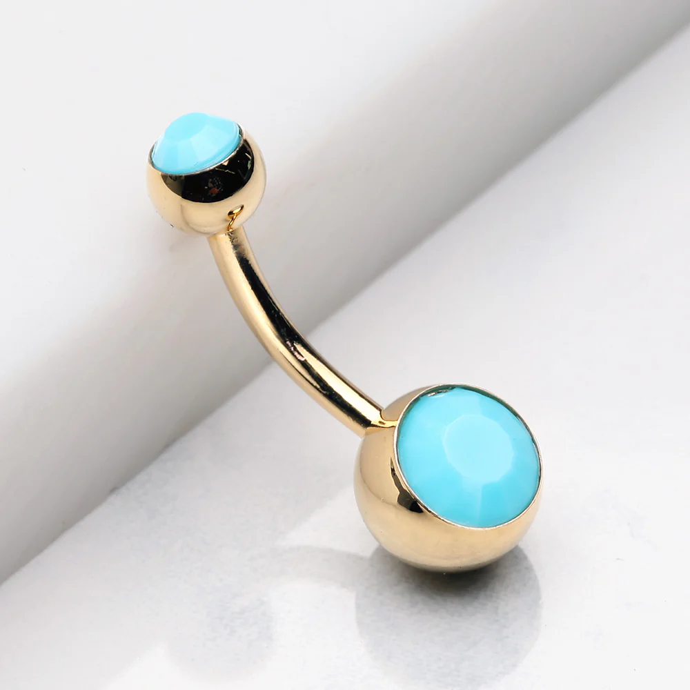 Golden Turquoise Double Gem Ball Steel Belly Button Ring - Image 3