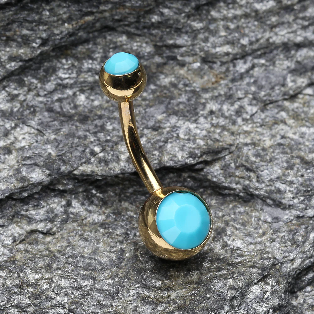 Golden Turquoise Double Gem Ball Steel Belly Button Ring - Image 4