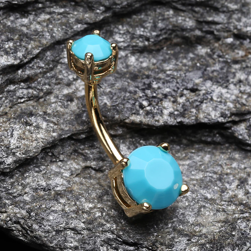 Golden Turquoise Shine Prong Set Belly Button Ring - Image 3