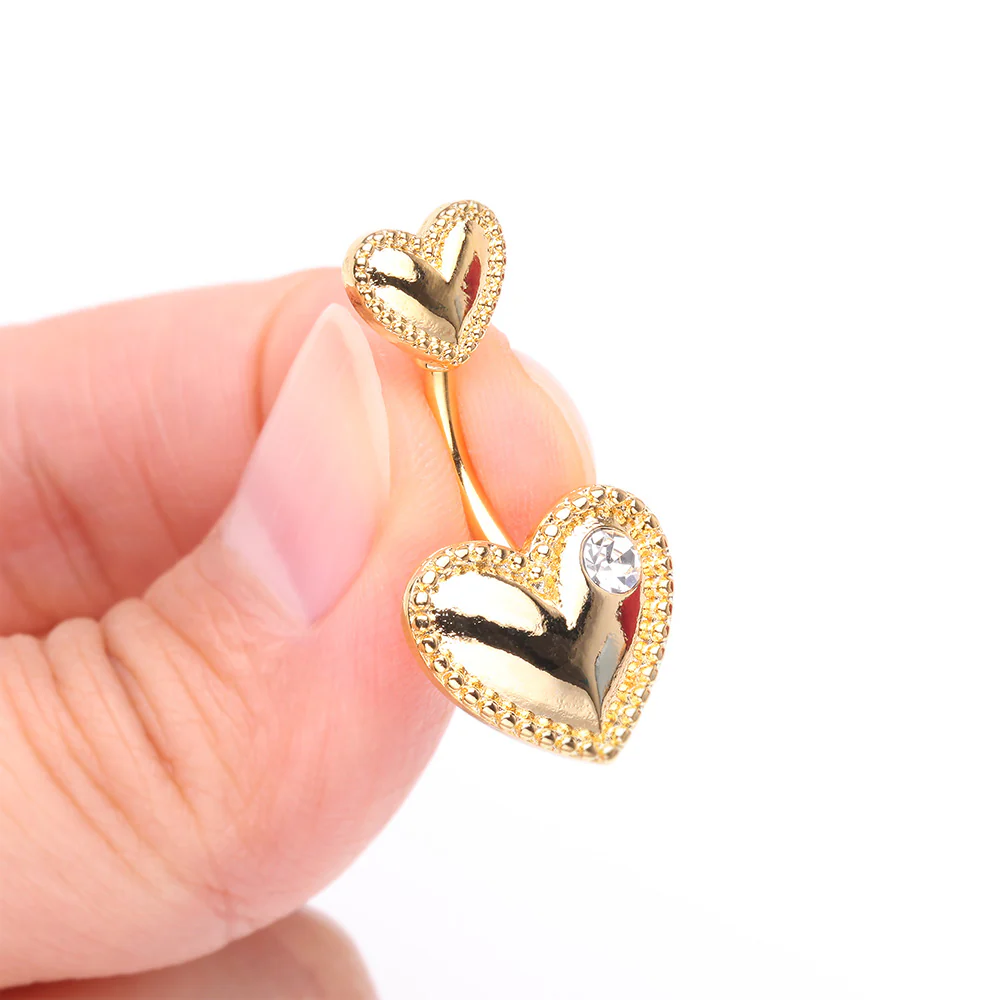 Golden Valentine Double Heart Sparkle Laced Belly Button Ring - Image 4