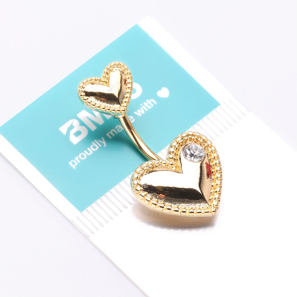 Golden Valentine Double Heart Sparkle Laced Belly Button Ring - Image 5